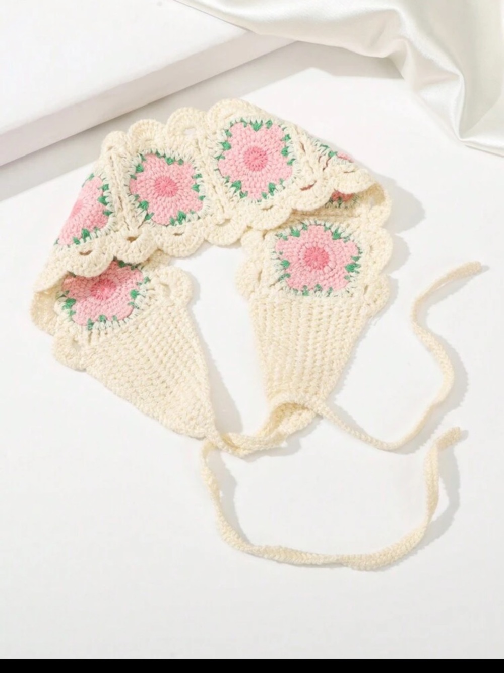 boho-style crochet flower headband or hair bandana featuring a pink floral